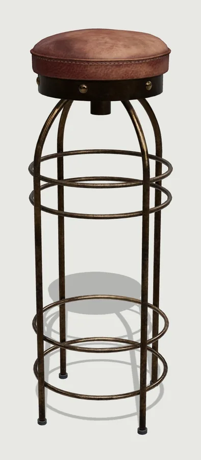 An industrial bar stool with a brown leather seat and steel legs with foot rings