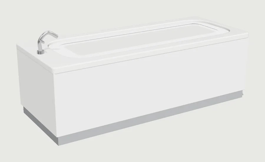 A white built-in rectangular bath with a front panel and a chrome tap at the left end