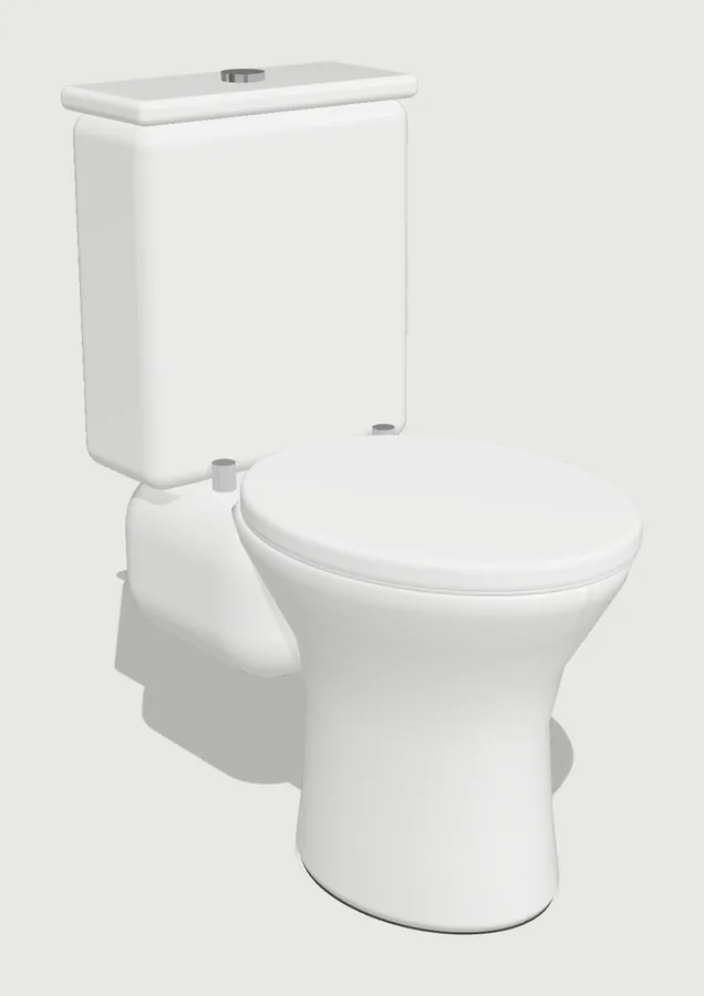 A white close-coupled toilet with the lid down and the cistern on the back