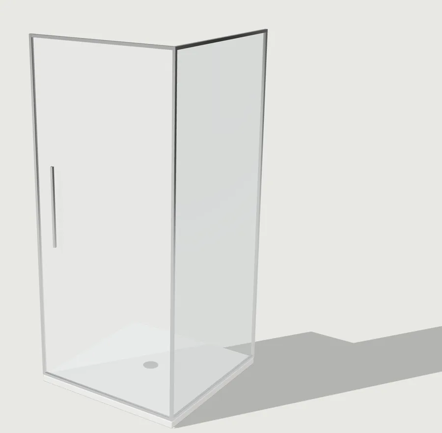 A square corner shower with a white tray, a framed glass door and a glass side panel