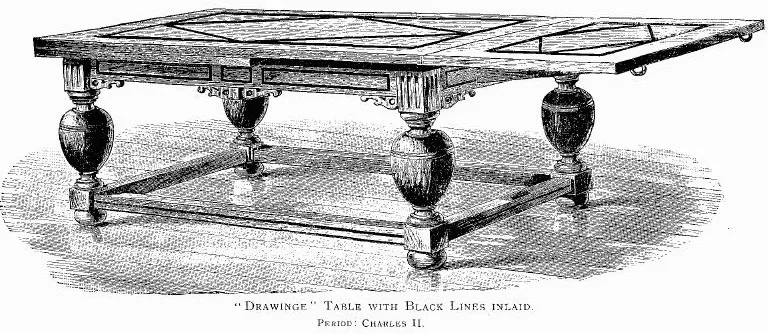 An engraving of a 17th-century draw-leaf table with bulbous turned legs and an inlaid top