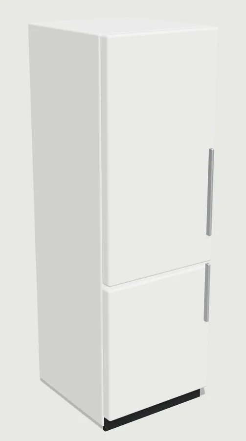 A white freestanding fridge-freezer with two doors and vertical handles