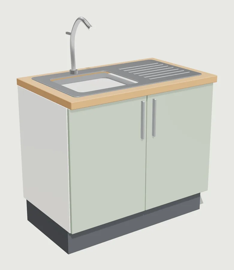 A sage green two-door kitchen sink unit with an oak worktop, a steel sink and drainer, and a tall tap
