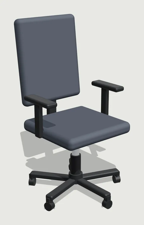 A grey office task chair with arms on a black five-star base with castors