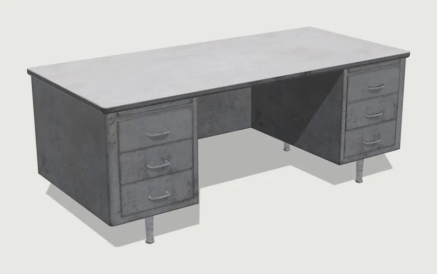 A grey steel office desk with three drawers in each of its two pedestals