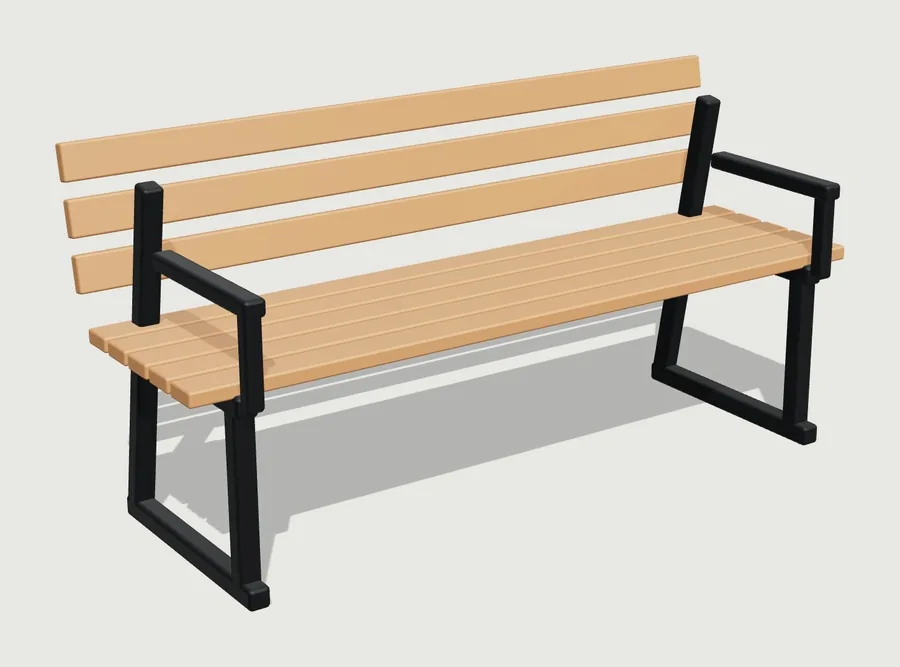An outdoor bench with timber slats and black steel ends with armrests