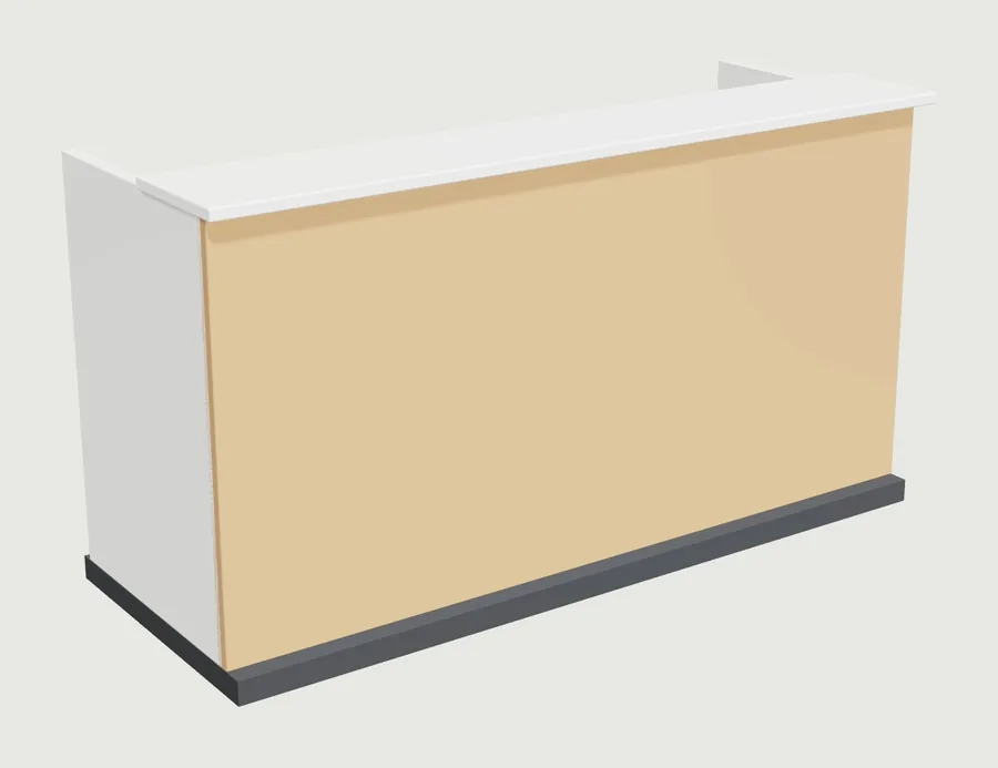 A straight reception desk with an oak front panel and a white raised counter