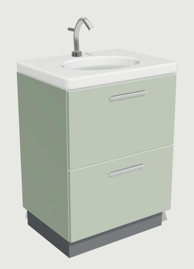 A sage green two-drawer vanity unit with a white basin top and a chrome mixer tap