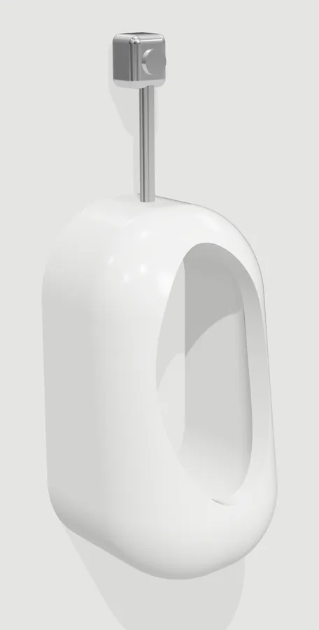 A white wall-hung urinal on a wall, with a chrome flush pipe and valve above it